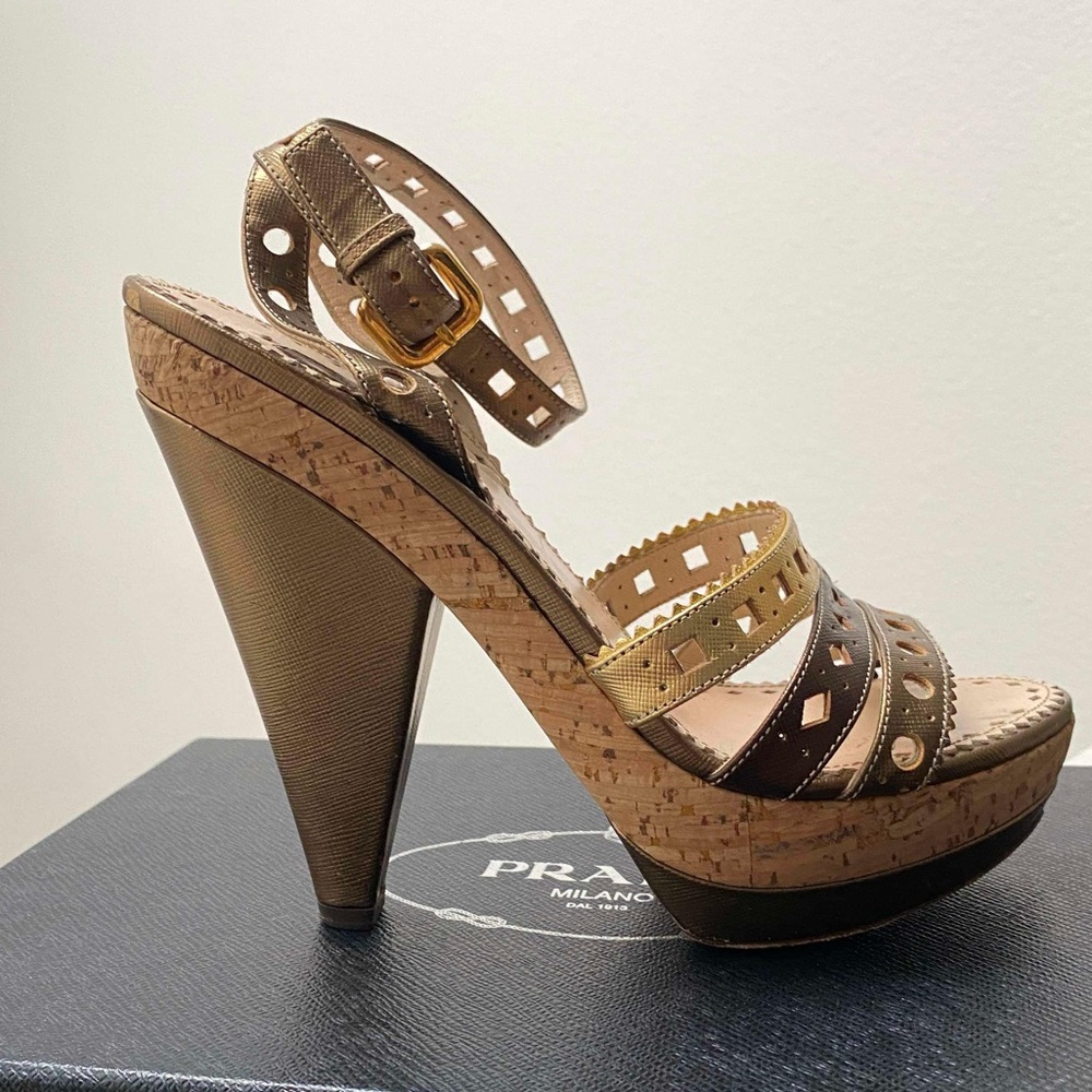Prada Bronzo Leather Cork Platform Heels